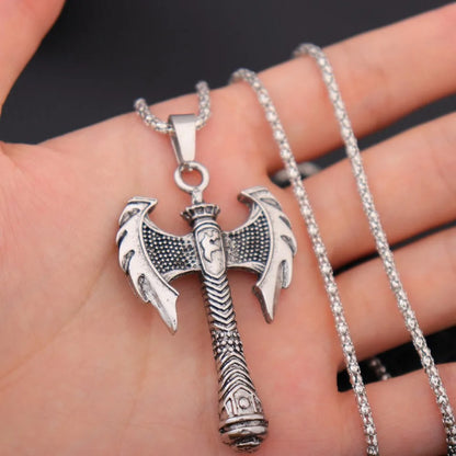 Double-Edged Axe Pendant Necklace – Medieval Crowned Warrior Symbol