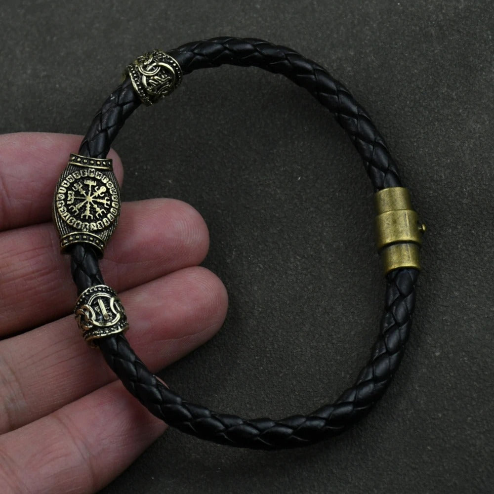 Viking-Inspired Genuine Leather Bracelet with Runic Runes & Beads