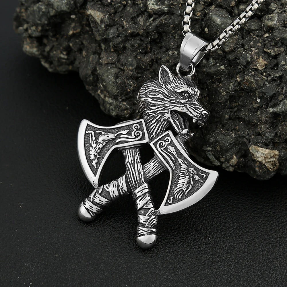 Viking Double Hatchet Wolf Head Stainless Steel Pendant Necklace