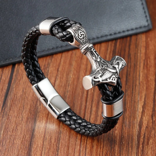 Classic Men’s Bracelet - Leather Rope Wrap, Viking Hammer Pendant