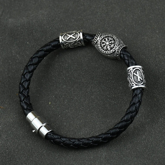 Viking-Inspired Genuine Leather Bracelet with Runic Runes & Beads