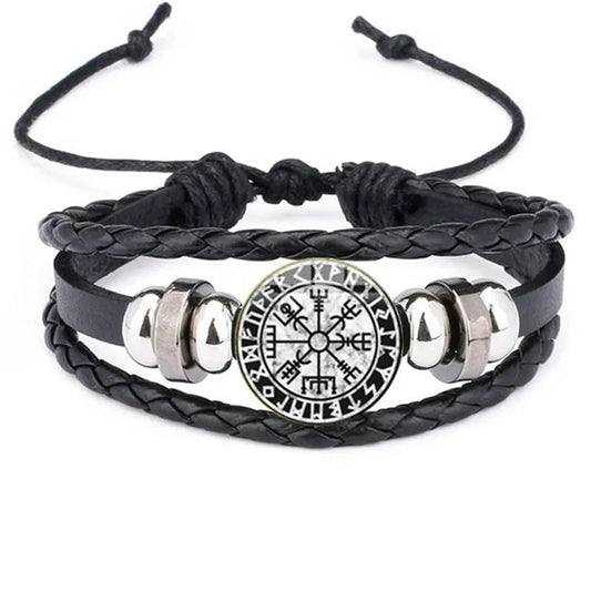 Vintage Viking Compass Trinity Bracelet -  Leather Bracelet