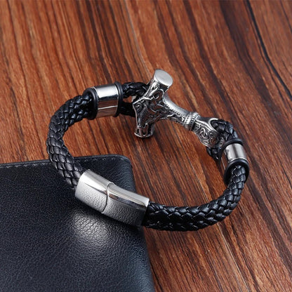 Classic Men’s Bracelet - Leather Rope Wrap, Viking Hammer Pendant