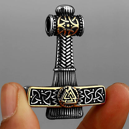 Viking Thor‘s Hammer Engraved Valknut Stainless Steel Pendant Necklace