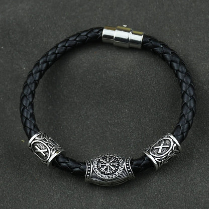 Viking-Inspired Genuine Leather Bracelet with Runic Runes & Beads