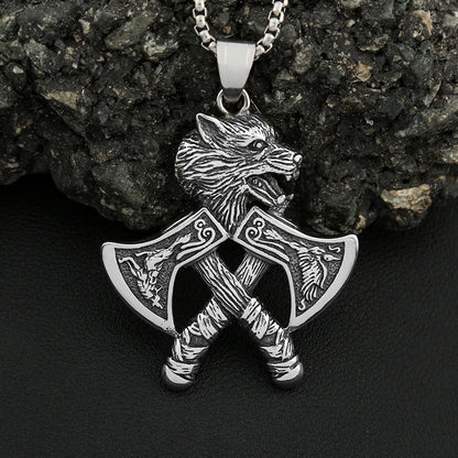 Viking Double Hatchet Wolf Head Stainless Steel Pendant Necklace