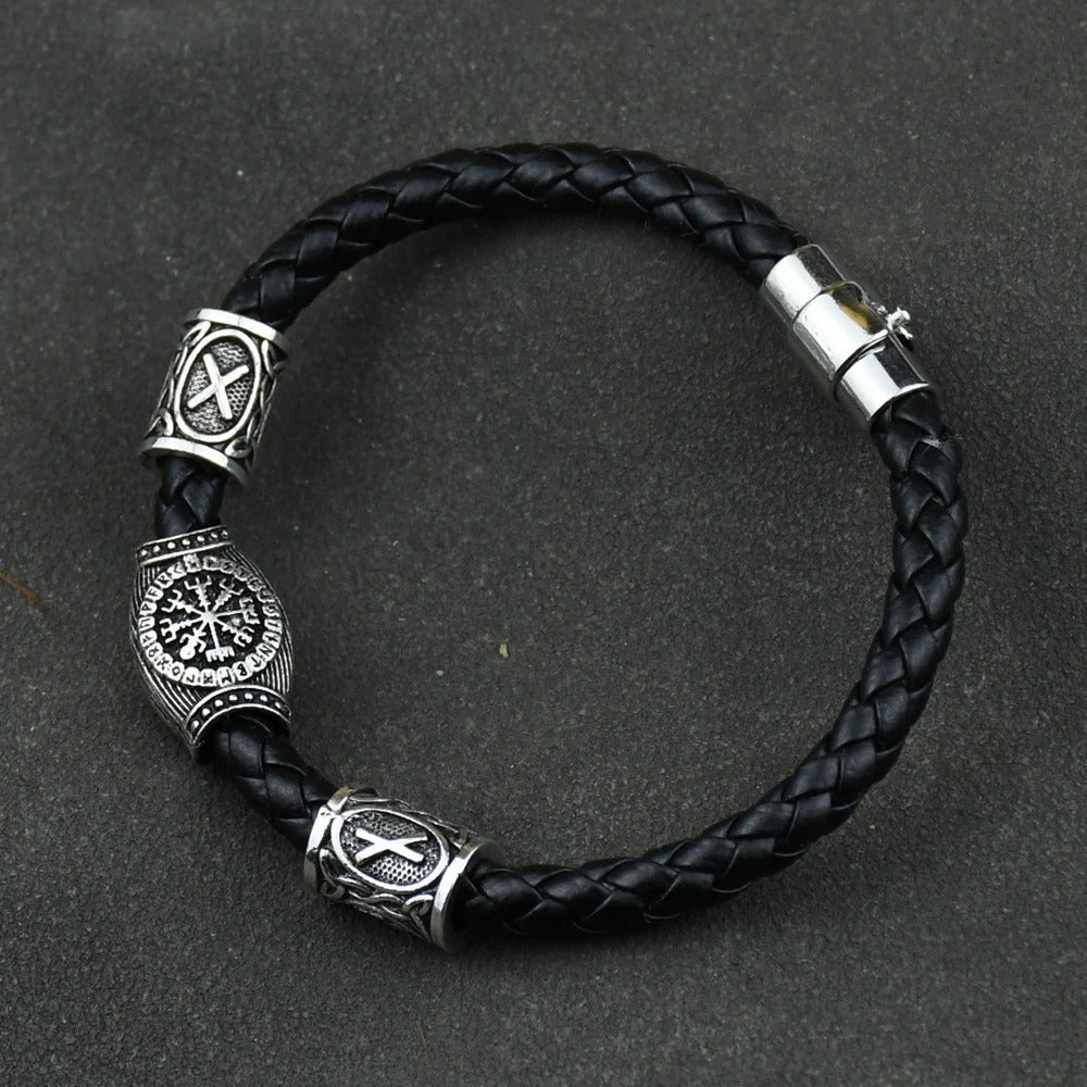 Viking-Inspired Genuine Leather Bracelet with Runic Runes & Beads