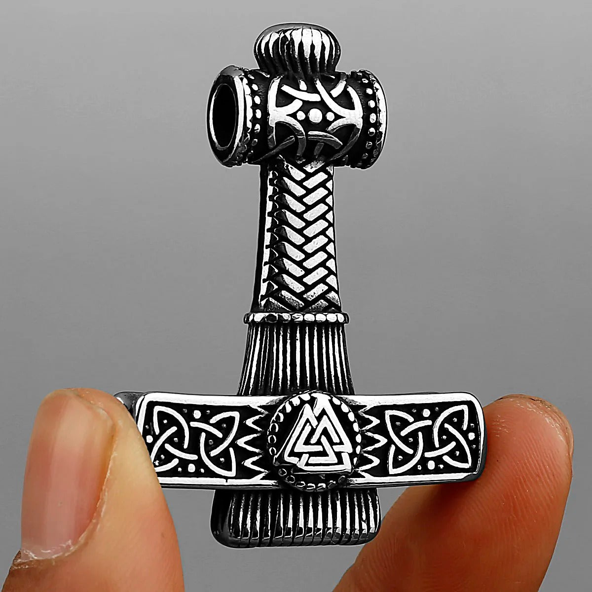 Viking Thor‘s Hammer Engraved Valknut Stainless Steel Pendant Necklace