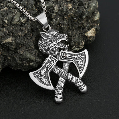 Viking Double Hatchet Wolf Head Stainless Steel Pendant Necklace