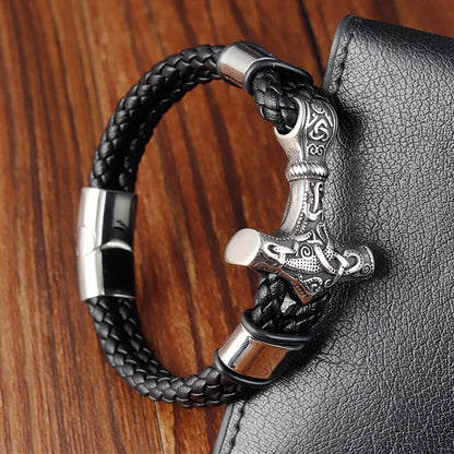 Classic Men’s Bracelet - Leather Rope Wrap, Viking Hammer Pendant