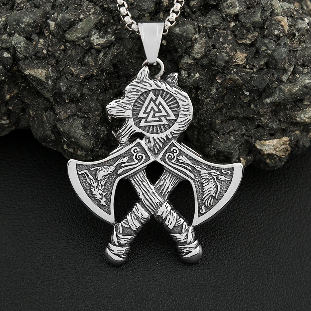 Viking Double Hatchet Wolf Head Stainless Steel Pendant Necklace