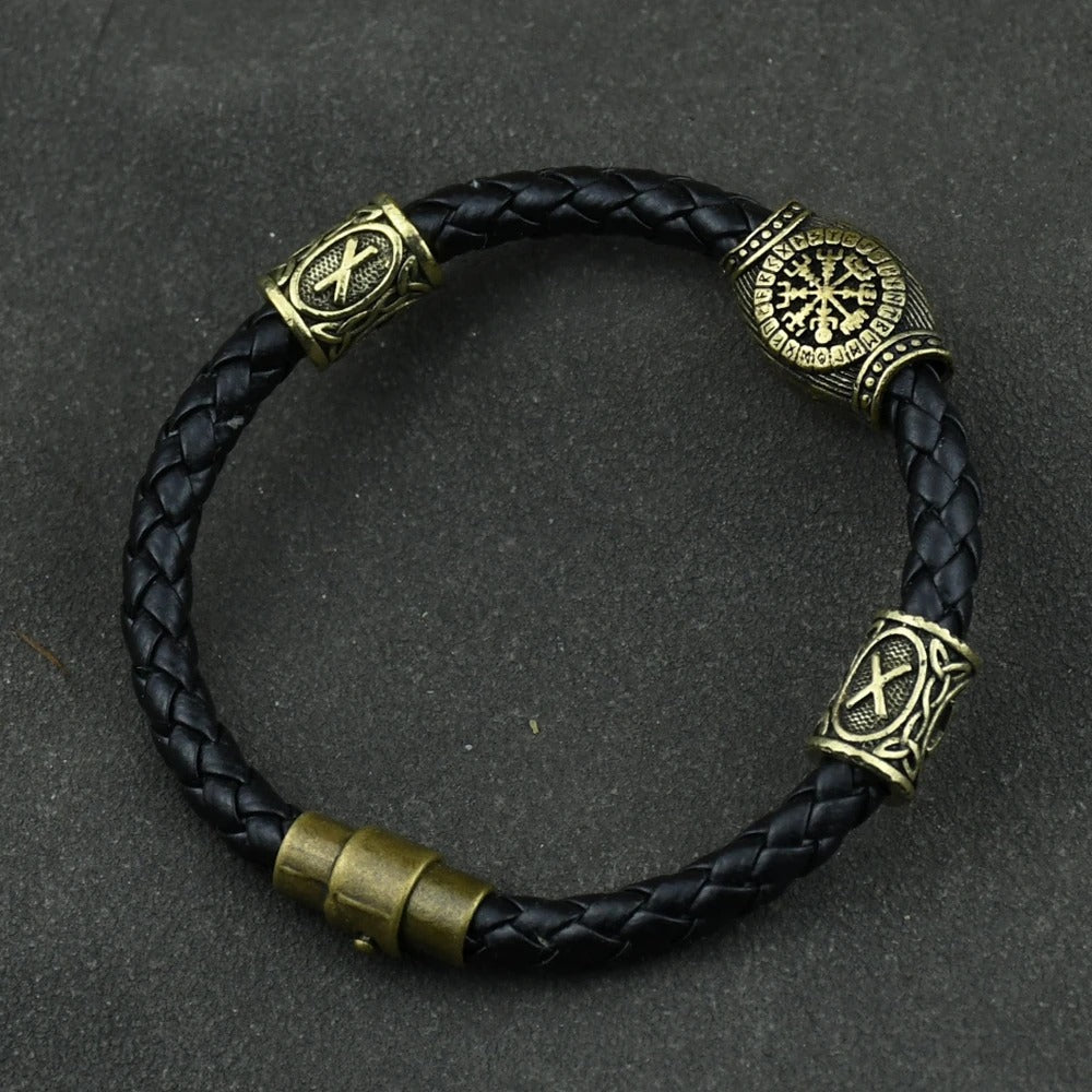 Viking-Inspired Genuine Leather Bracelet with Runic Runes & Beads