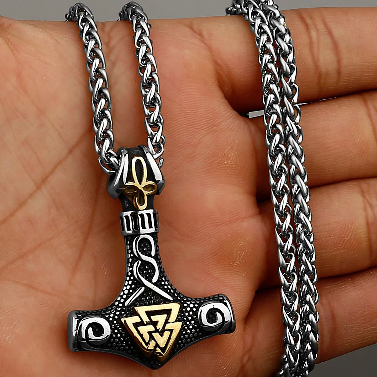 Viking Thor‘s Hammer Engraved Valknut Stainless Steel Pendant Necklace