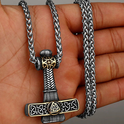 Viking Thor‘s Hammer Engraved Valknut Stainless Steel Pendant Necklace