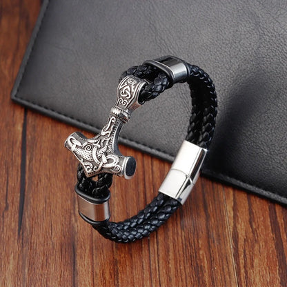 Classic Men’s Bracelet - Leather Rope Wrap, Viking Hammer Pendant