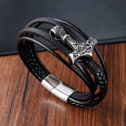 Classic Men’s Bracelet - Leather Rope Wrap, Viking Hammer Pendant