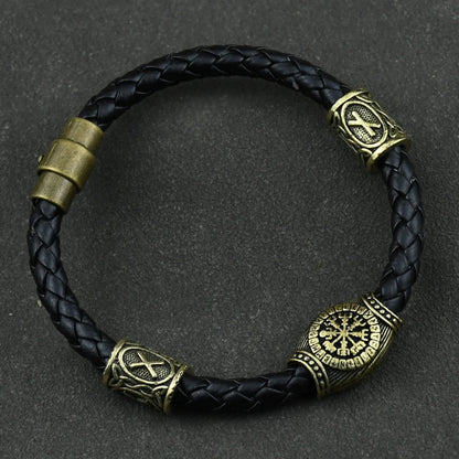 Viking-Inspired Genuine Leather Bracelet with Runic Runes & Beads