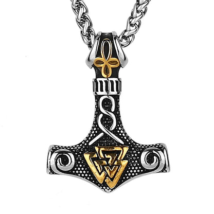 Viking Thor‘s Hammer Engraved Valknut Stainless Steel Pendant Necklace