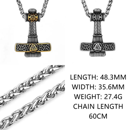 Viking Thor‘s Hammer Engraved Valknut Stainless Steel Pendant Necklace