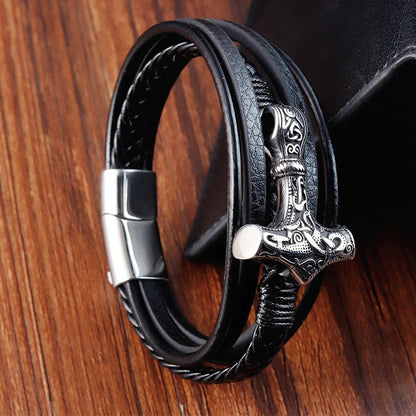 Classic Men’s Bracelet - Leather Rope Wrap, Viking Hammer Pendant