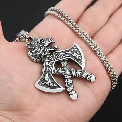 Viking Double Hatchet Wolf Head Stainless Steel Pendant Necklace