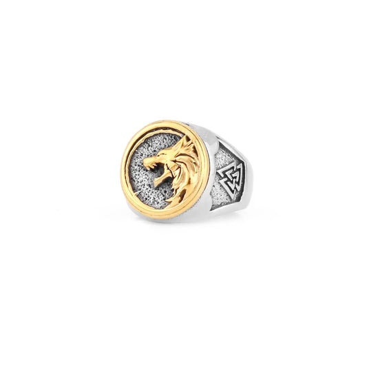 Stainless Steel Valknut & wolf  Gold Ring for Men - Viking Jewelry