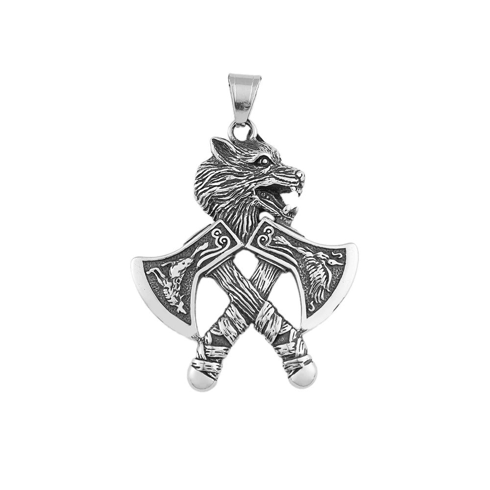 Viking Double Hatchet Wolf Head Stainless Steel Pendant Necklace