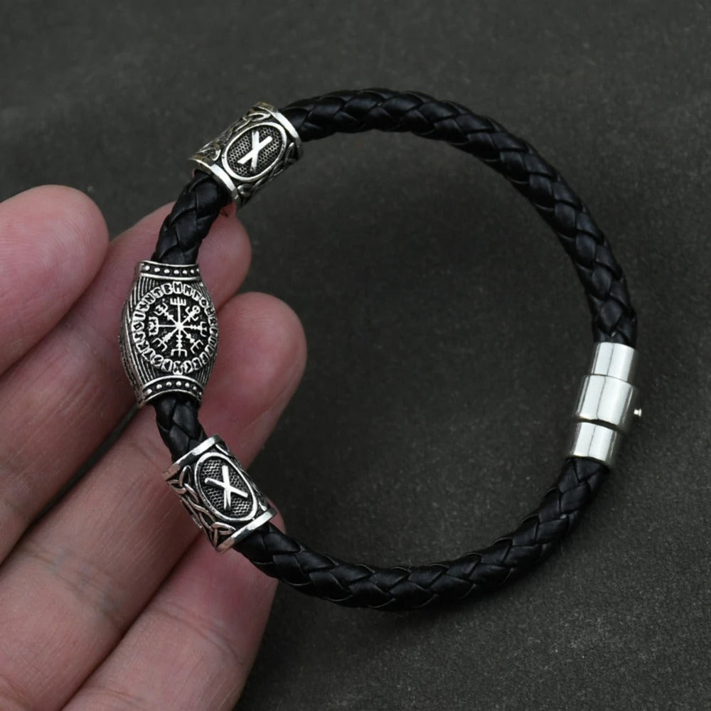 Viking-Inspired Genuine Leather Bracelet with Runic Runes & Beads