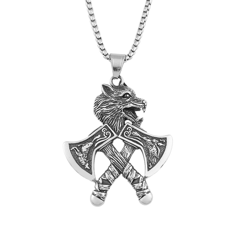 Viking Double Hatchet Wolf Head Stainless Steel Pendant Necklace