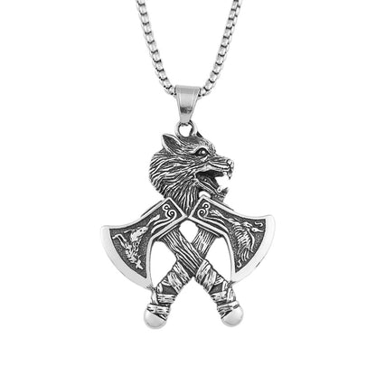 Viking Double Hatchet Wolf Head Stainless Steel Pendant Necklace