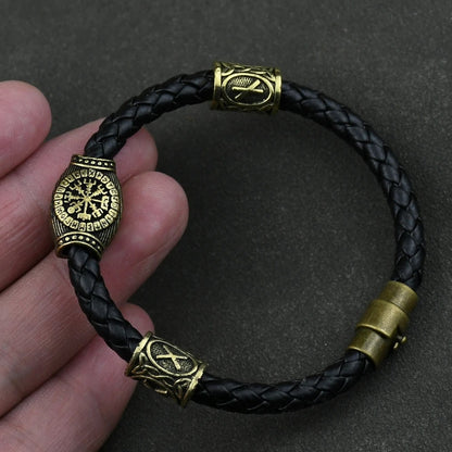 Viking-Inspired Genuine Leather Bracelet with Runic Runes & Beads