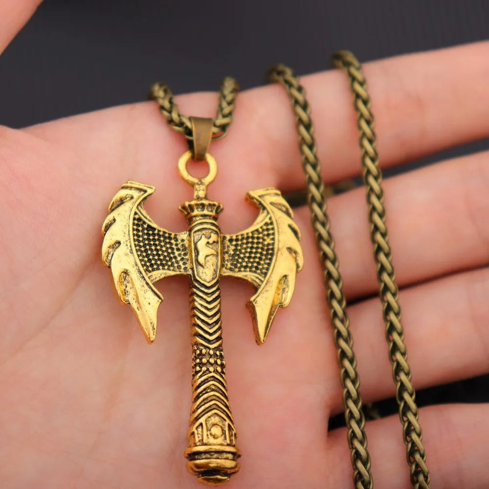 Double-Edged Axe Pendant Necklace – Medieval Crowned Warrior Symbol