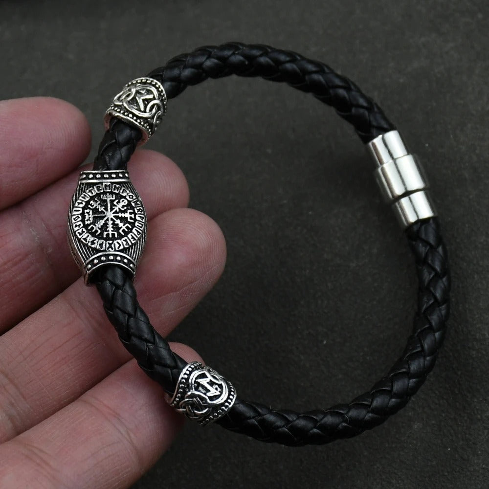 Viking-Inspired Genuine Leather Bracelet with Runic Runes & Beads