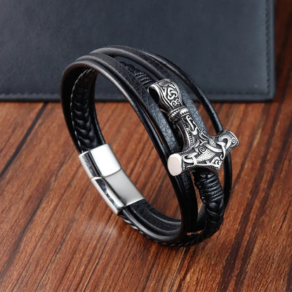 Classic Men’s Bracelet - Leather Rope Wrap, Viking Hammer Pendant