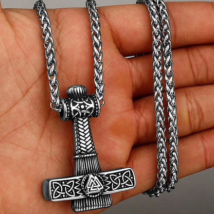 Viking Thor‘s Hammer Engraved Valknut Stainless Steel Pendant Necklace