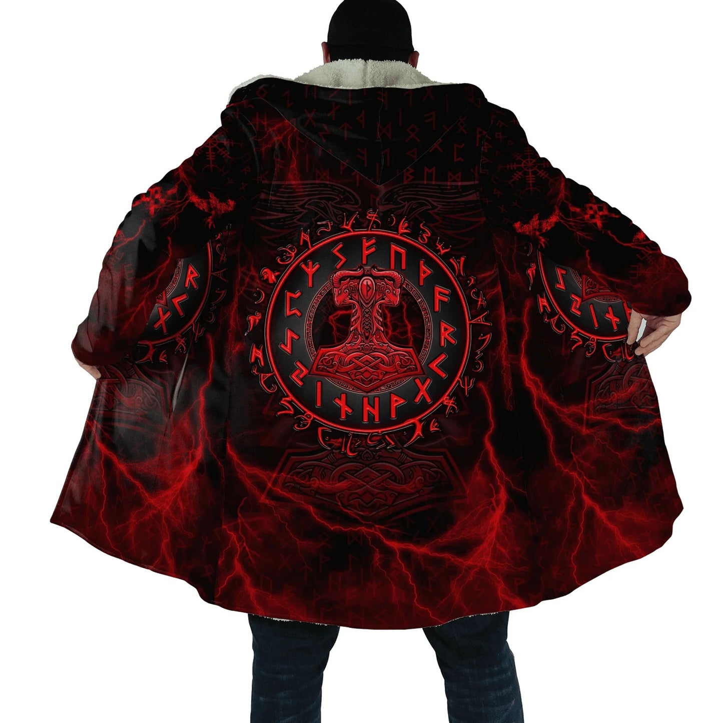 Thor's Hammer Viking Cloak with Runes - Red Mjolnir Design Fleece Hooded Coat