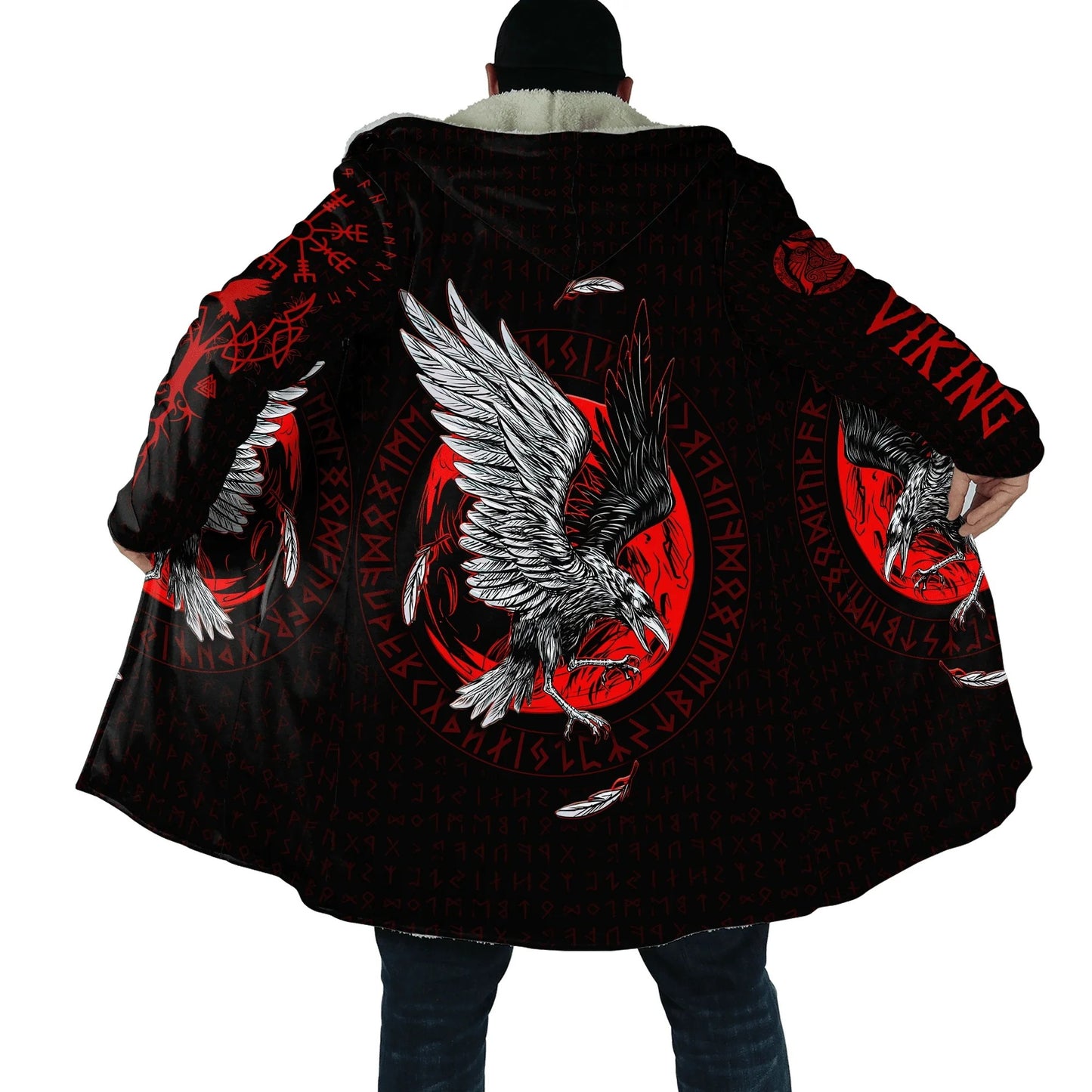 Viking Raven Hooded Overcoat – Odin’s Casual Fleece Cloak