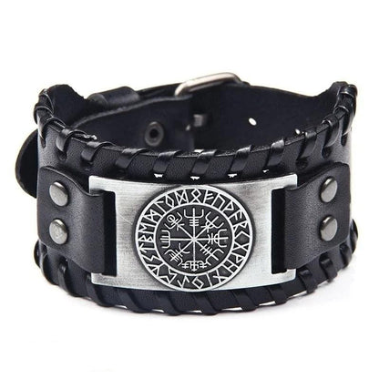 Viking Vegvisir Rune Leather Bracelet – Norse Compass Symbol for Guidance