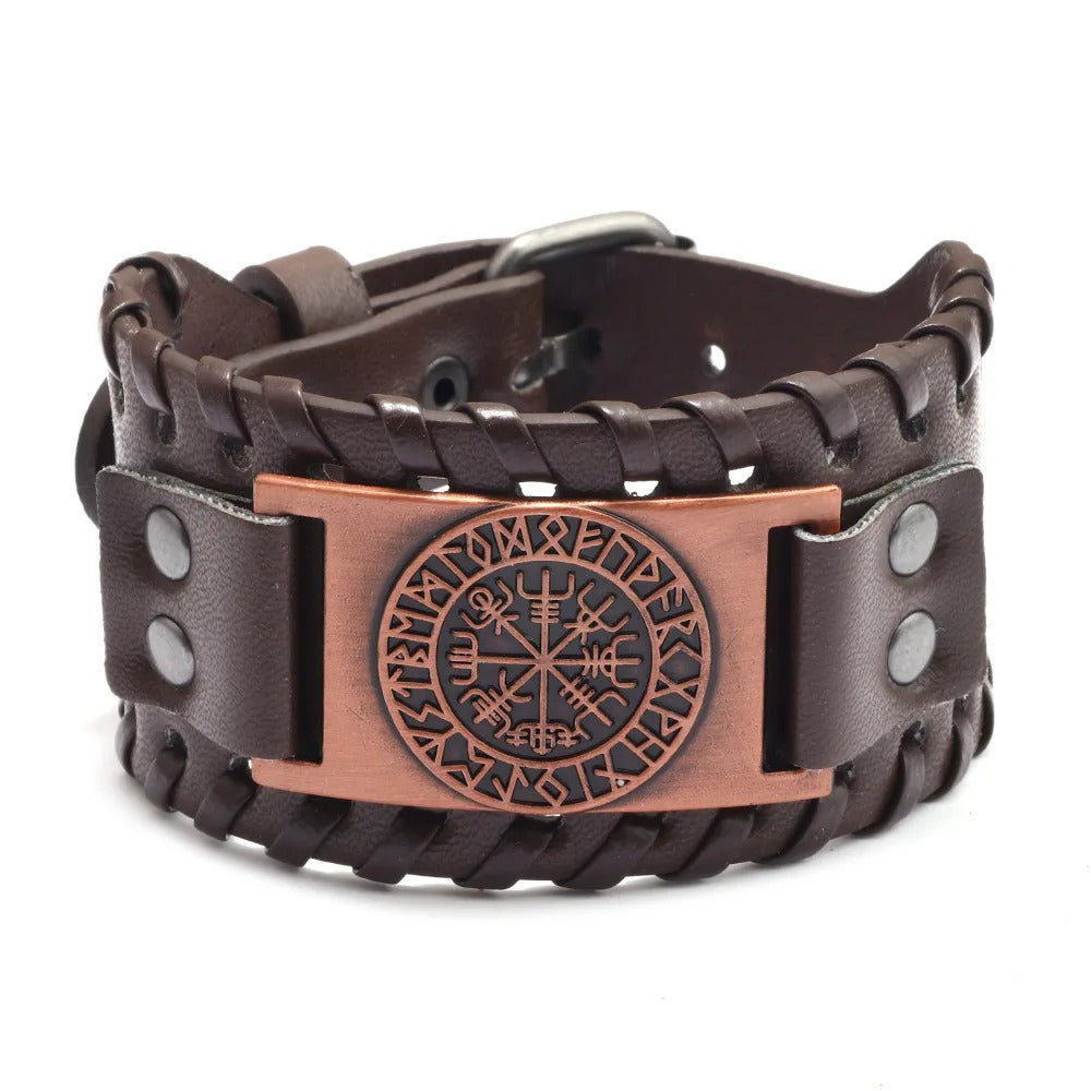 Viking Vegvisir Rune Leather Bracelet – Norse Compass Symbol for Guidance