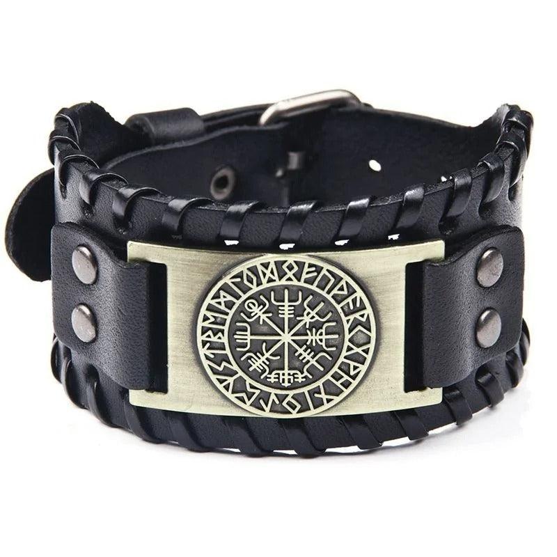 Viking Vegvisir Rune Leather Bracelet – Norse Compass Symbol for Guidance