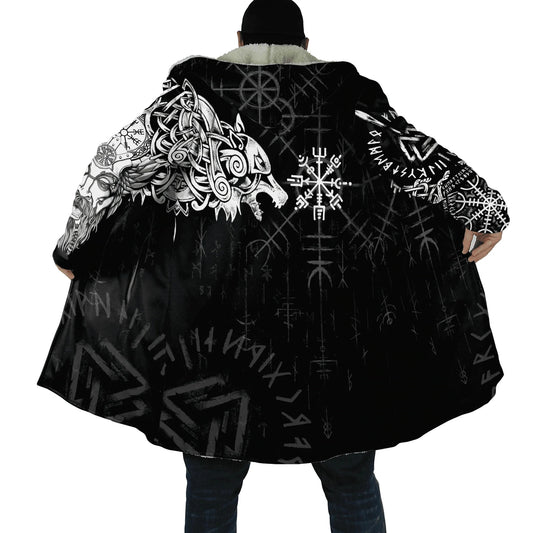 Viking Wolf Hooded Cloak - Norse Mythology Fleece Coat